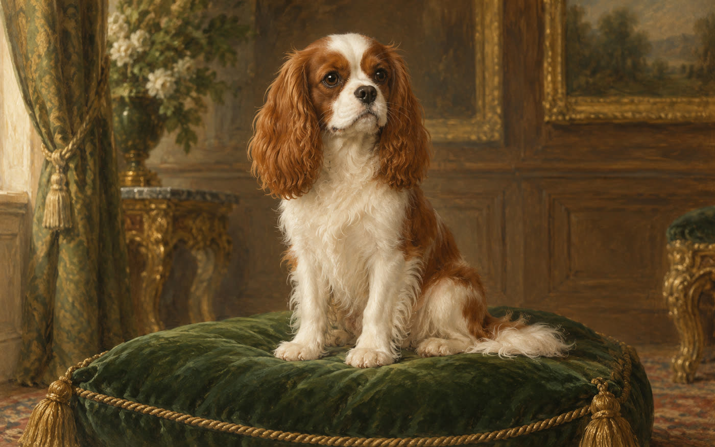 Illustration: a Cavalier King Charles Spaniel on a green velvet cushion in a palace room